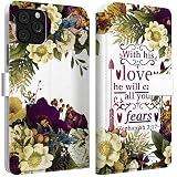 Mertak Wallet Case Compatible with iPhone 14 Pro Max 13 Mini 12 11 SE Xr Xs 8 Plus 7 6s Zephaniah 3:17 Vintage Magnetic Cover Flowers Quote Card Holder Shockproof Bible Verse Christian PU Leather