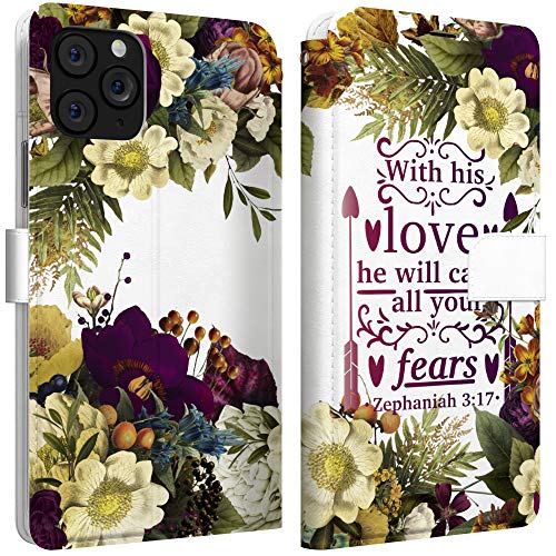Mertak Wallet Case Compatible with iPhone 14 Pro Max 13 Mini 12 11 SE Xr Xs 8 Plus 7 6s Zephaniah 3:17 Vintage Magnetic Cover Flowers Quote Card Holder Shockproof Bible Verse Christian PU Leather