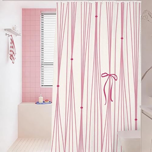 KELAIMI Bow Tie Striped Shower Curtain - Cute Simple Line Bathroom Curtain,Waterproof Quick-Drying Preppy Aesthetic Bath Curtain with Hooks Pink 180X180Cm