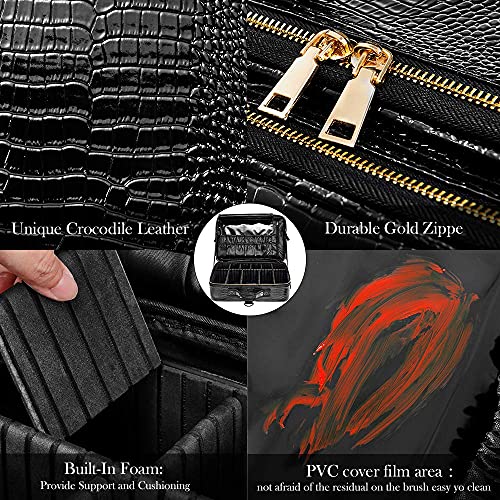OEWOER Professional Makeup Cases Crocodile Leather Cosmetic Organizer 16" Travel Makeup Bag with Shoulder Strap and Adjustable Dividers for Makeup Accessories, L-Black… - Thumbnail 5