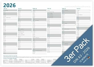 PuK Year Planner 2025 DIN A3 Landscape Format 12 Months Folded 12 Months Annual Calendar Front and Back with Holidays and Holidays (3 x DIN A3)