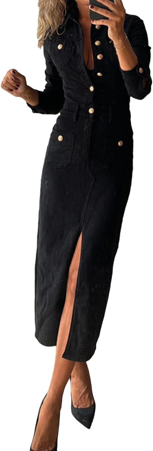 Conshvi Denim Dress for Women Trendy Long Sleeve Button Down Denim Maxi Dress 2025 Fall Bodycon Slit Long Jean Dresses - Image 4