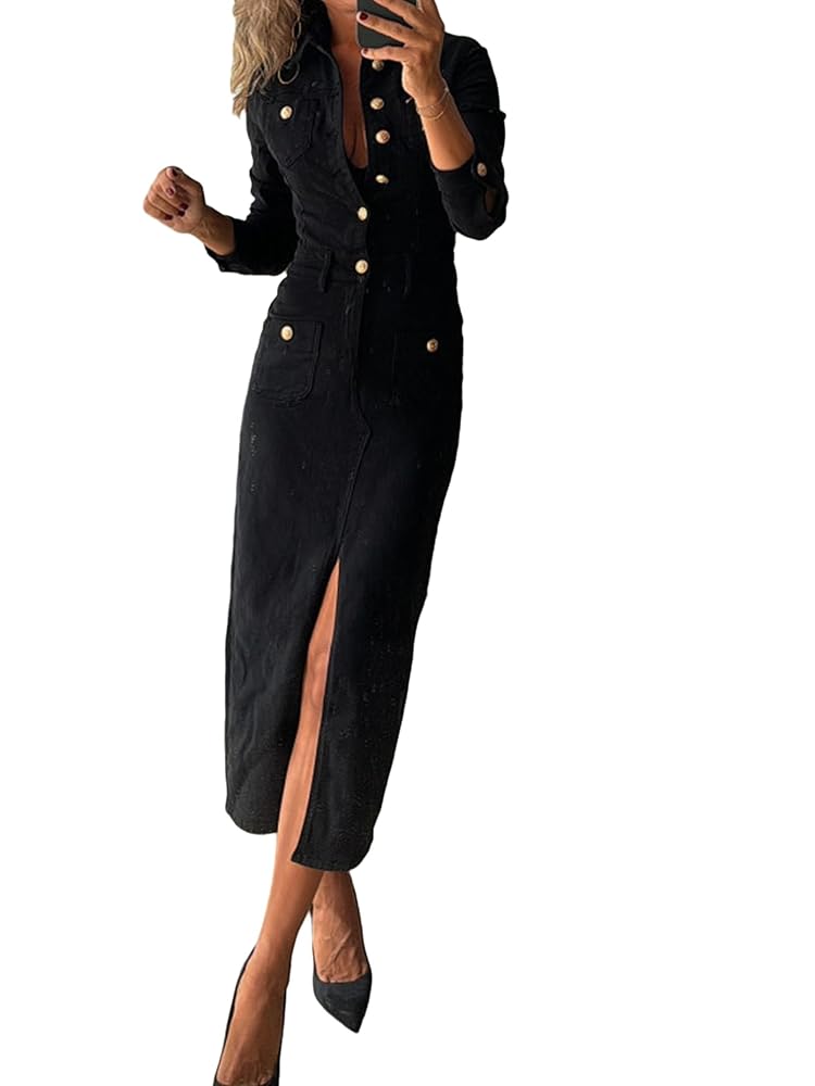 ワンピース herlipto Tencel Denim Long Dress M Amazon.com: Glkaend Women Casual Long Sleeve Denim Dress