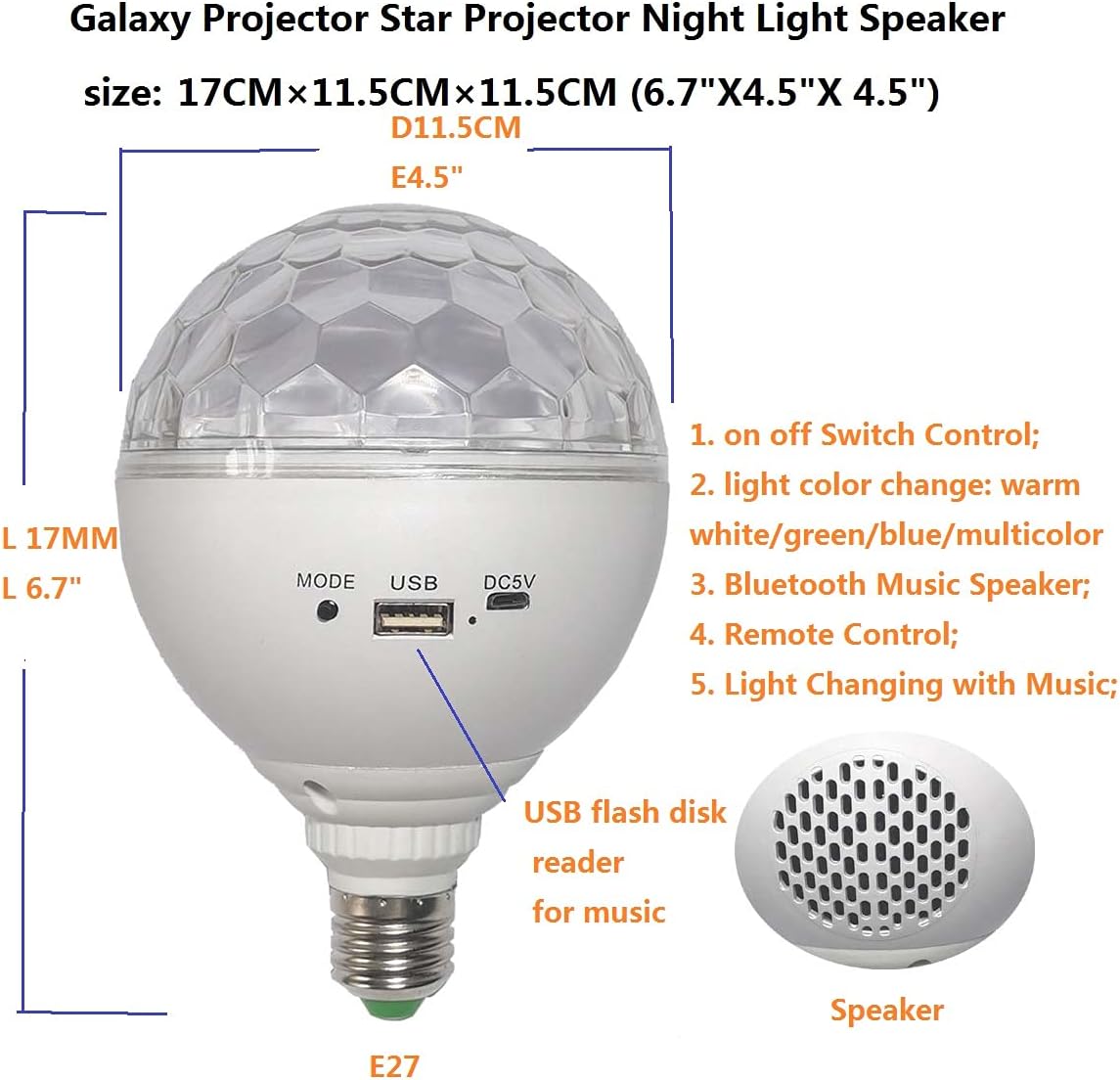 Galaxy Projector Star Projector Night Light Remote Control Ceiling Projector Disco Ball Party Lights Sound Activated E27 Music Speaker for Bedroom Party Birthday Celebration Light
