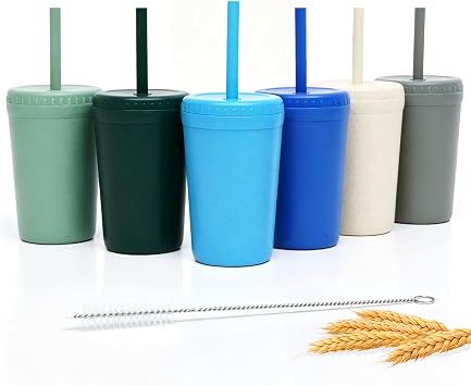 10 oz Wheat Straw Cups with Lids and Silicone Straws,6 Pcs Drinking Glasses