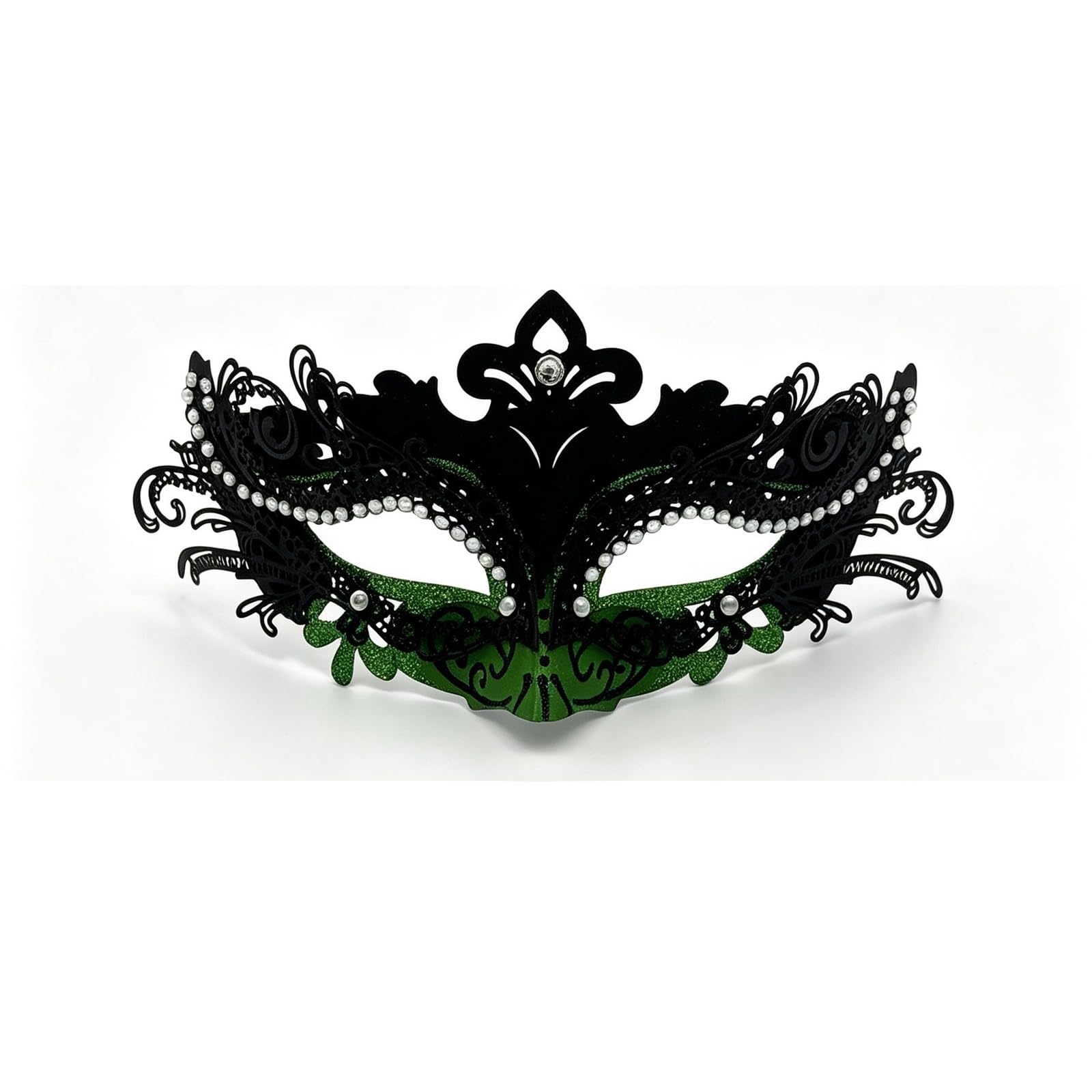 Metal Filigree Half-Face Venetian Mask, Rhinestone Pearl, Black & Green