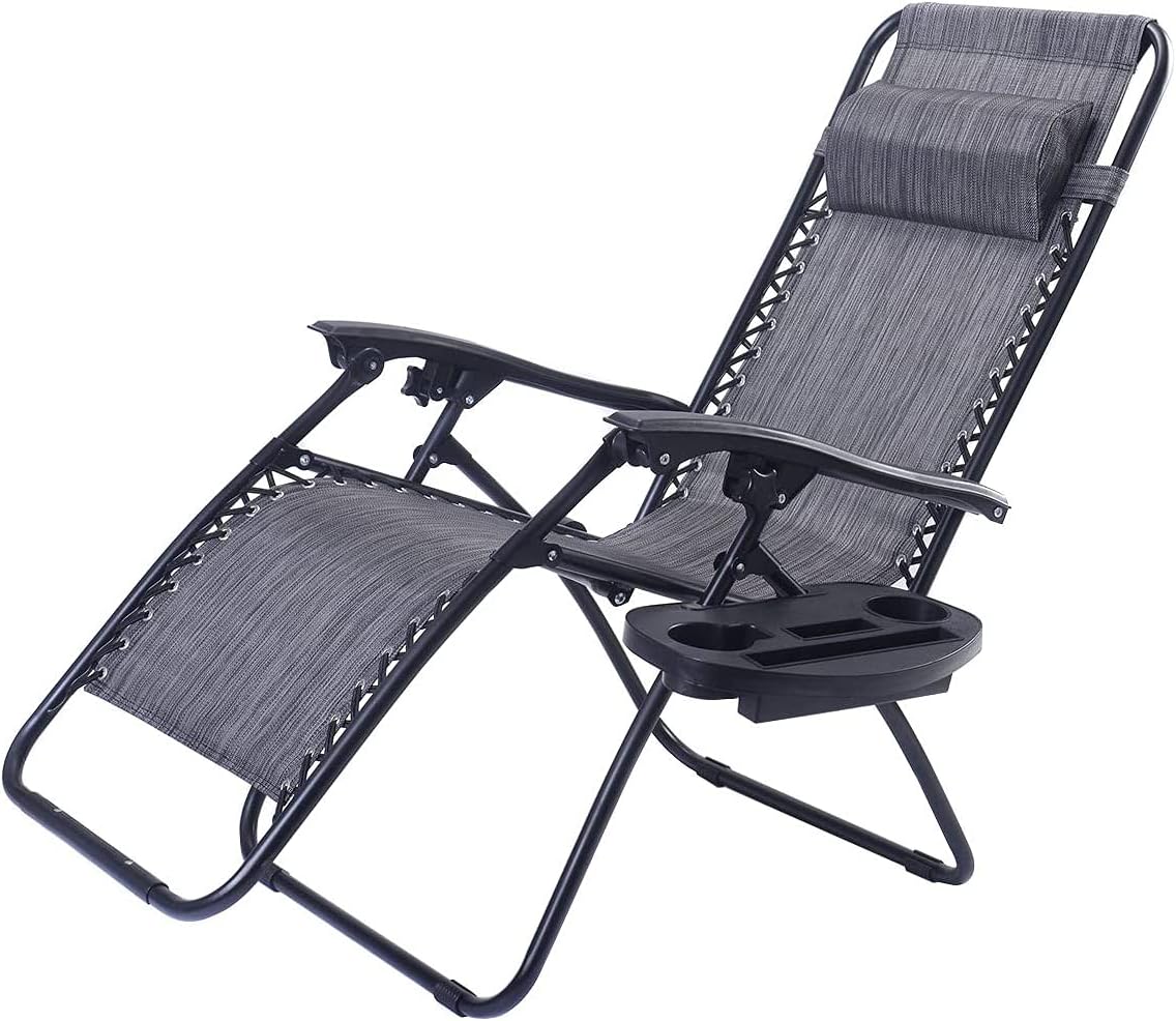 Folding Zero Gravity Reclining Textilene Lounge Chairs, Outdoor Adjustable Patio w/Pillows & Cup Holder Trays for Backyard, Beach, Poolside (GR)