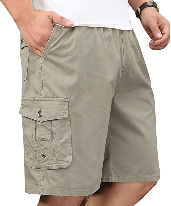 Mens Casual Twill Cargo Shorts Zip Fly Cotton Elastic Waist Loose Fit Drawstring Short