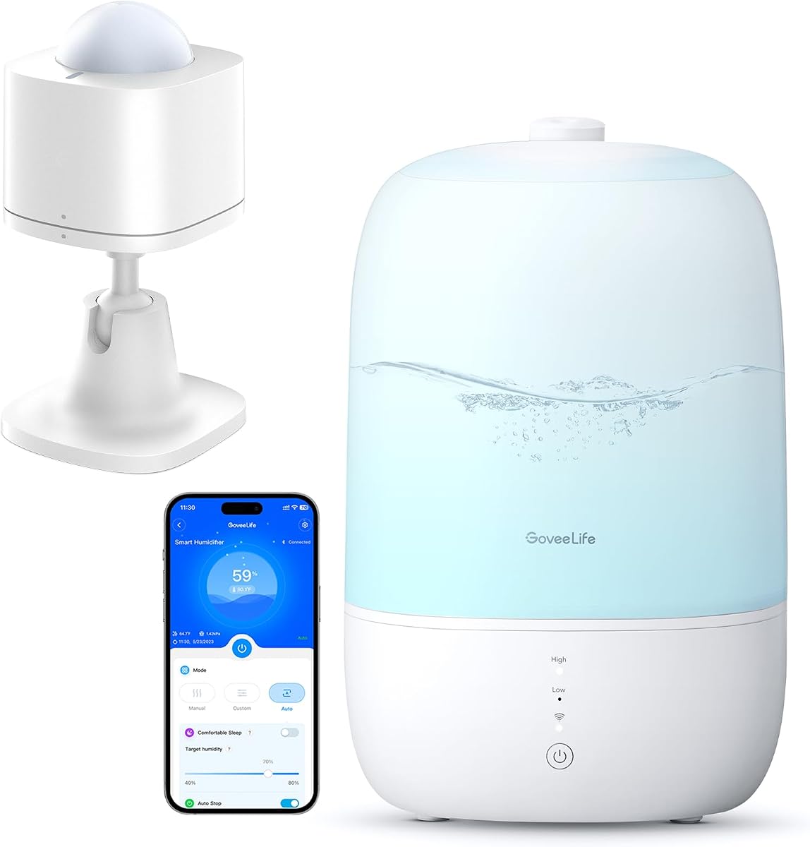 GoveeLife Sensor de movimiento, control de grupo de dispositivos ilimitados, mini sensor de contacto inalámbrico para automatización del hogar inteligente H5121, humidificadores inteligentes GoveeLife para dormitorio H7140