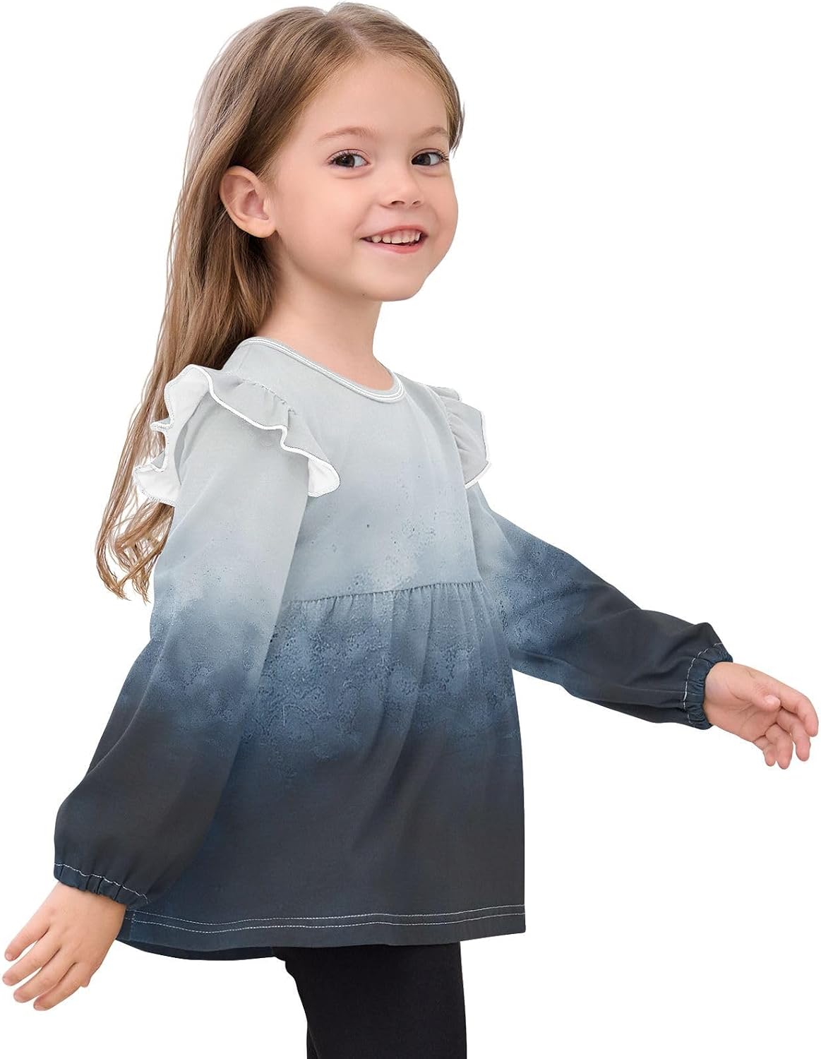 visesunny Toddler Clothes for Girls Blue Ink Gradient Long Sleeve Fall Shirts Cotton Top with Ruffle Collar