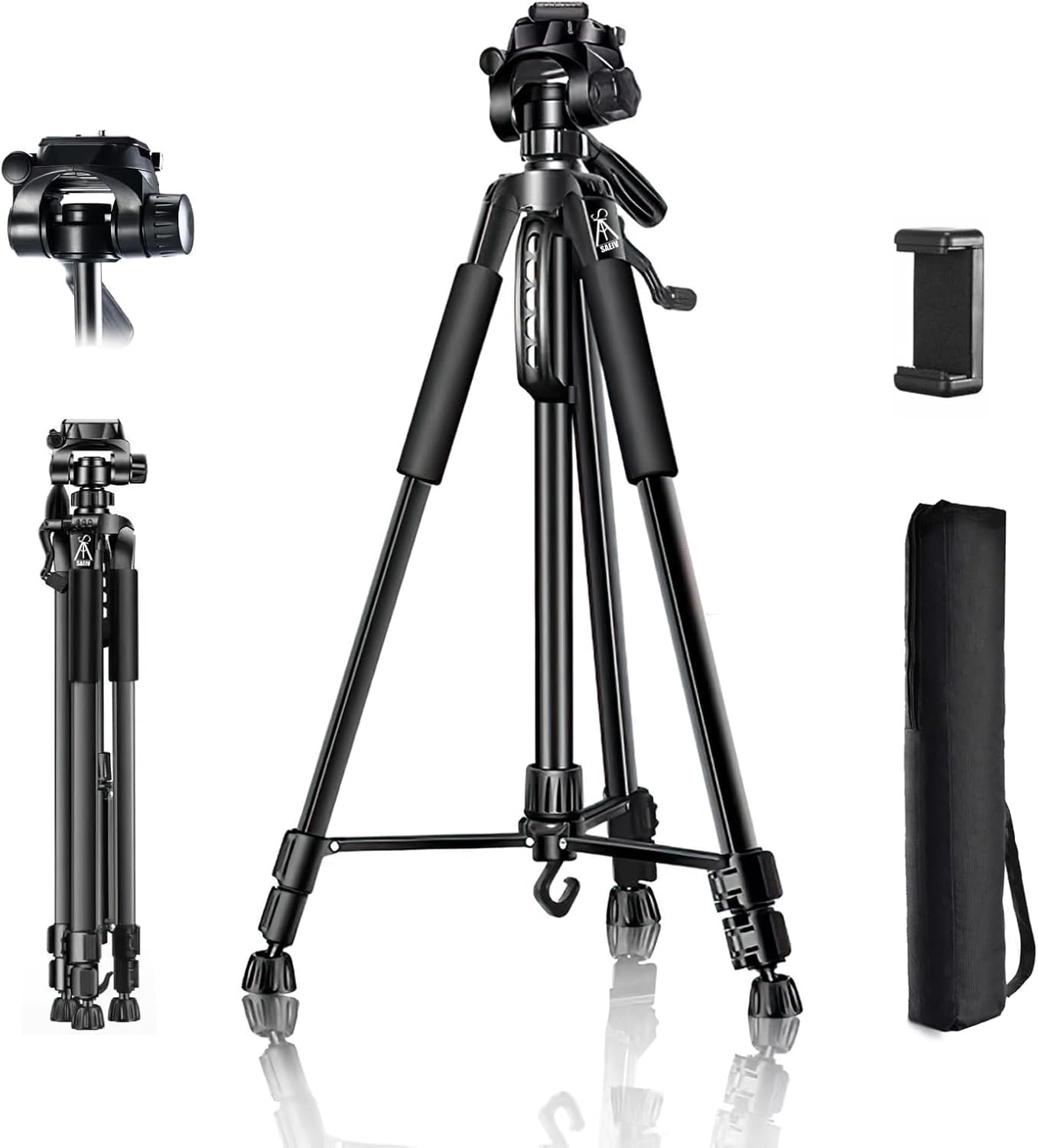 HOLD UP Tripod Camera Reinforced, Lightweight Camera Stand with 360° Rotatable Detachable Head and Universal Phone Mount, Mobile Phone Tripod with Bag, Black