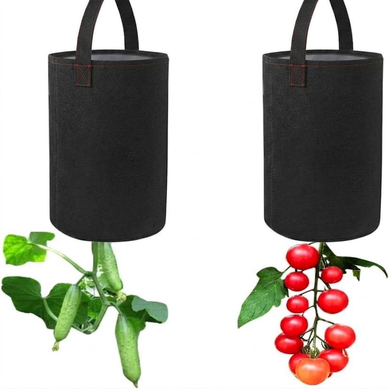 Vasedre 2Pcs Tomato Grow Bag, Upside Down Hanging Strawberry Planters, Durable Felt Plant Grow Bags, Hanging Planters Outdoor for Growing Strawberry Tomato Vegetable Flowers (Black)