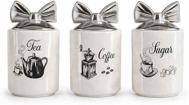 BML White Elegant Ceramic Tea Coffee Sugar Storage Canisters Set with Silver Bow Lids Airtight Kitchen Counter Containers for Tea Coffee Sugar Food Storage
