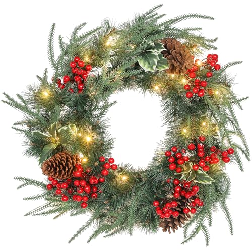 HOMCOM Couronne de Noël Lumineuse 60 cm avec 35 LED Blanc Chaud, minuterie, Couronne de Noël de Porte d'entrée, 170 Pointes, Pommes de pin, Baies, Feuilles de Houx, pour Porte, Mur, cheminée, Vert