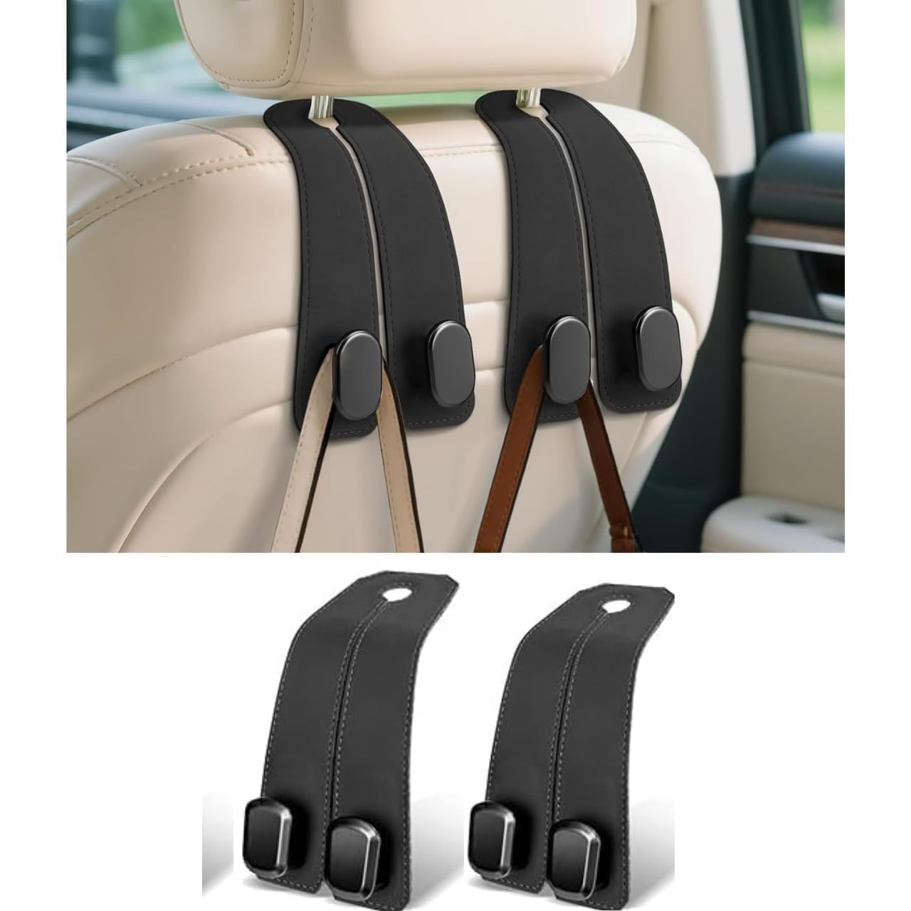 2 Pack Leather Car Headrest Hooks, Multifunction Seat Back Bag Holder, Universal Car Storage Organizer for Purse, Grocery Bags, Water Bottles, Shopping Bags & Coats-image-45