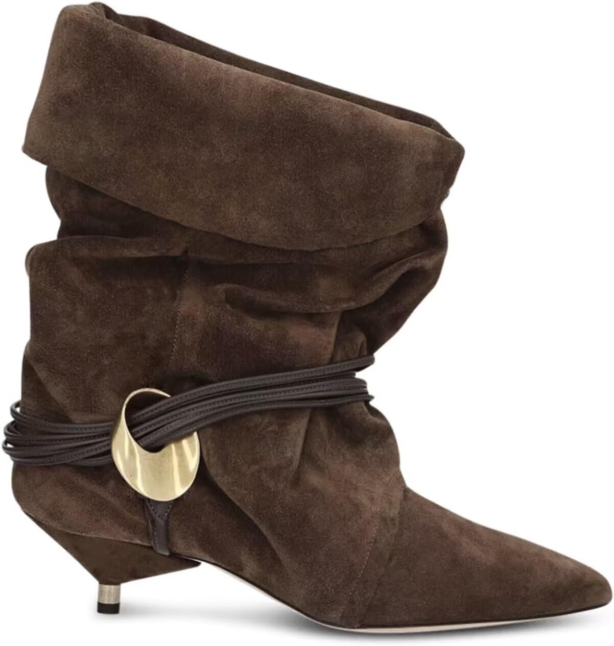 Agodor Women's Slouchy Ankle Boots - Pointed Toe Kitten Heels Booties Wide Calf Boho Suede Cowboy Boots Fold Over Mid Calf Slip On Comfortable Shoes