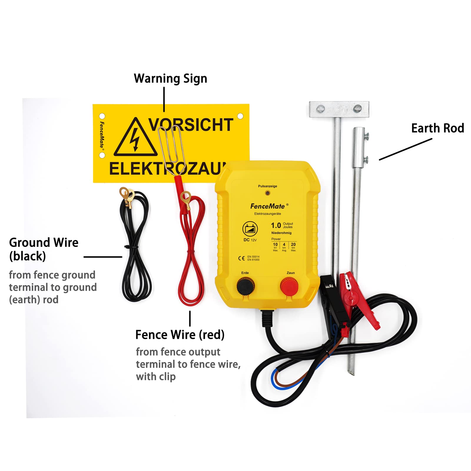 FenceMate 12V Weidezaungerät 1 Joule Output für 4 bis 20 km, niedrige Impedanz Spitzenspannung 10kV für Geflügel, Vieh, Hobbytiere, Haustiere, Steuergerät zum Schutz von Gärten und Grundstücken