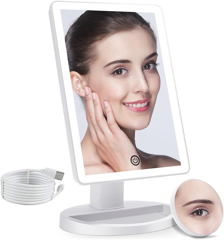 Lighted Makeup Vanity Mirror with 72 LED Lights 3 Color Lighting | 10X Magnifying Mirror, Dual Power Supply, 180 Degree Rotation Cosmetic Tabletop Light up Mirrors