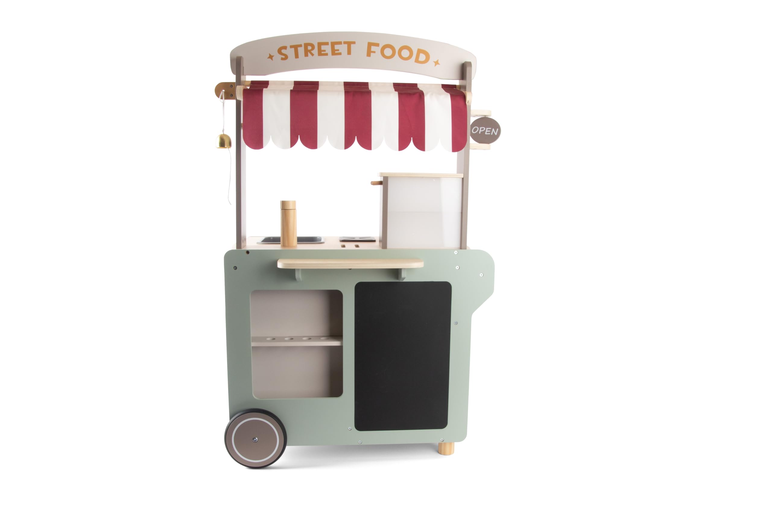 Dantoy Street Food Wagen Holz Imbisswagen Playful Wood mit Rollen Streifenrollo Ofen Waschbecken Kochplatte für Kinderküchen und fantasievollen Spielen