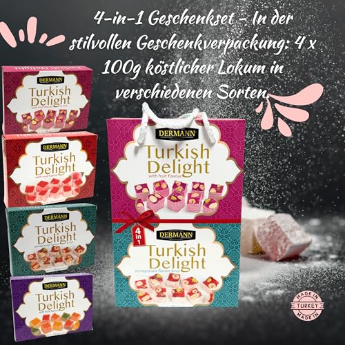 4-in-1 Geschenkset – Premium Qualität Turkish Delight - Lokum – Rose, Früchtemix, Nuss & Granatapfel – 4x100g, Ohne Palmöl & Glukosesirup – In dekorativer Geschenktasche mit Trageband