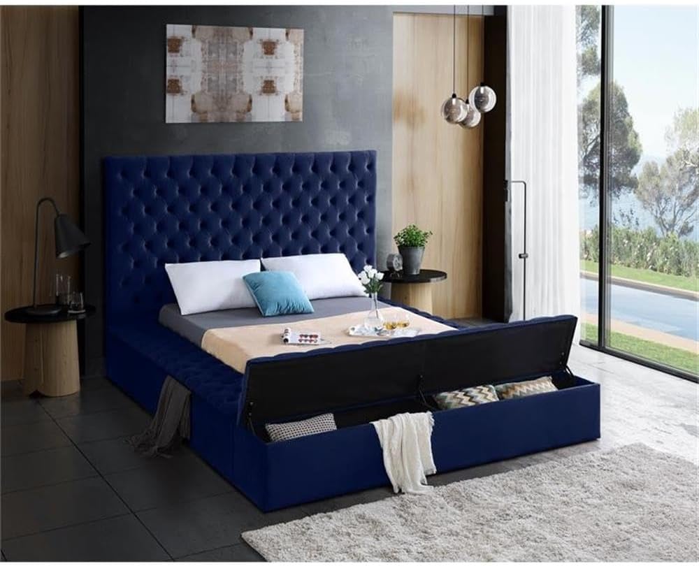 Meridian Furniture Bliss Collection Modern | Contemporary Velvet Upholstered Bed with Deep Button Tufting and Storage Compartments in Rails and Footboard, Navy, King