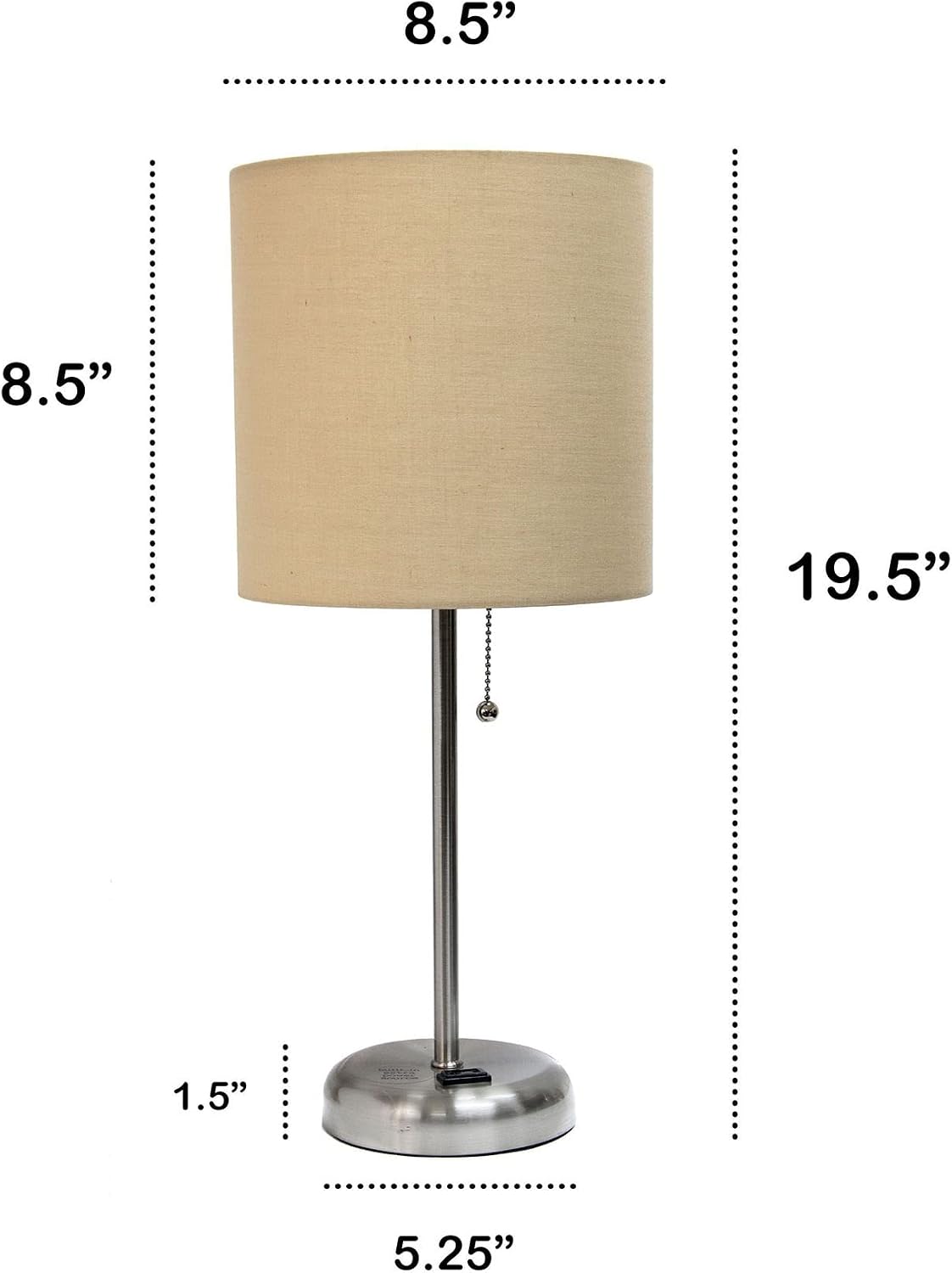 Oslo 19.5" Contemporary Bedside Power Outlet Base Standard Metal Table Desk Lamp in Brushed Steel with Tan Drum Fabric Shade