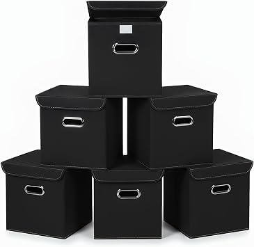 Closet Organizers Fabric Storage Bins With Lids Collapsible Cube Storage Organizer Basket With Handles,Storage Boxes for Clothes Storage,Office,Laundry,Shelves,6 Pack,Black