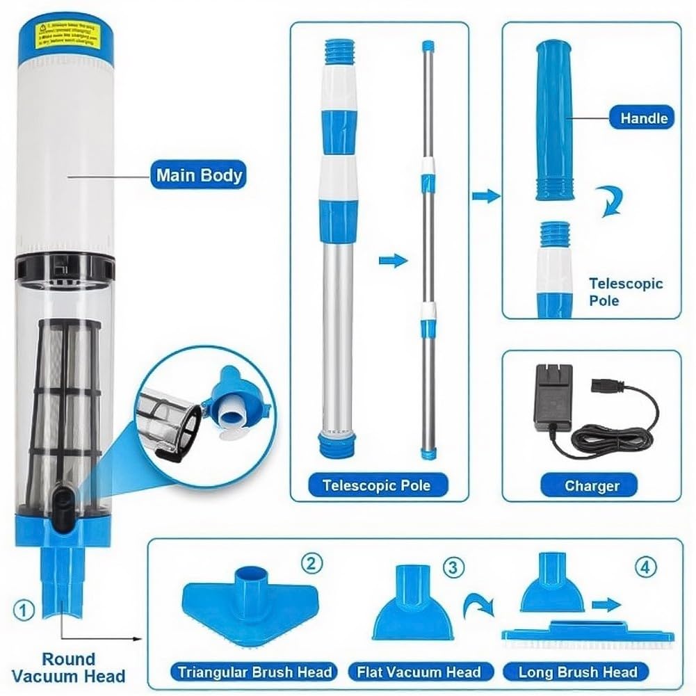 Aspirateur de piscine sans fil rechargeable à main pour piscines hors sol et creusées avec aspiration efficace pour les feuilles, la saleté et le sable sur vinyle pour surfaces carrelées en fibre de