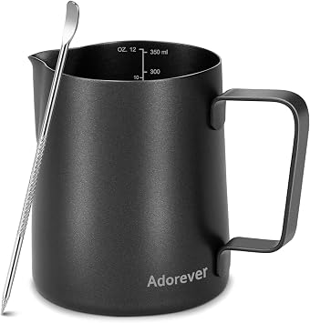 Milk Frothing Pitcher 12oz Steaming Pitchers Stainless Steel Milk Coffee Cappuccino Latte Art Barista Steam Pitchers Milk Jug Cup with Decorating Art Pen, Matte Black