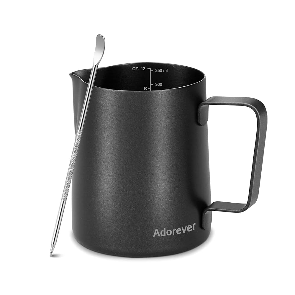 Milk Frothing Pitcher 350ml/12oz Steaming Pitchers Stainless Steel Milk Coffee Cappuccino Latte Art Barista Steam Pitchers Milk Jug Cup with Decorating Art Pen, Matte Black