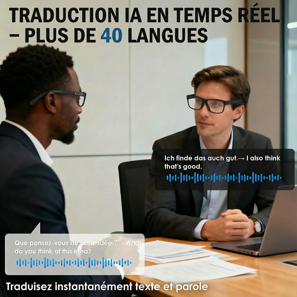 Lunettes Camera HD, 8MP 1080P Lunette Connectées IA, Processeur Double Cœur avec Assistant IA pour Traduction en Temps Réel, 410Mah Offrant 16 Heures d'Autonomie, Wi-FI Bluetooth Lunette Intelligente
