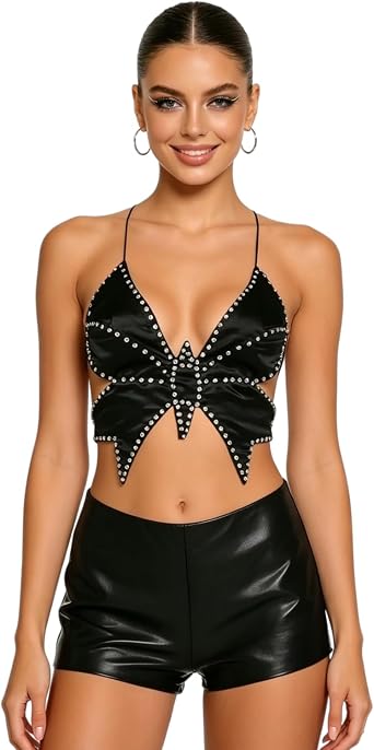 JUMISEE Women Sparkly Rhinestone Butterfly Crop Top Sexy Satin V Neck Bakless Lace Up Cami Tank Top for Rave Festival