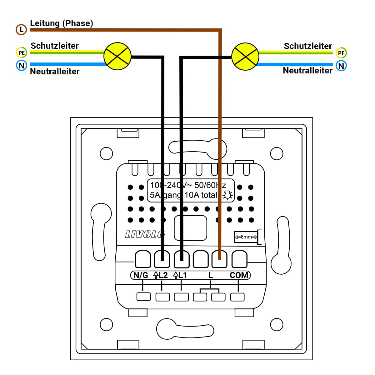 LIVOLO 2-facher dimmbarer Touch Lichtschalter Glasschalter Touchlichtschalter Dimmer Dimmerschalter Glas Wandschalter Glasblende Seriendimmer Gold VL-FC2D2-2G-C2-13