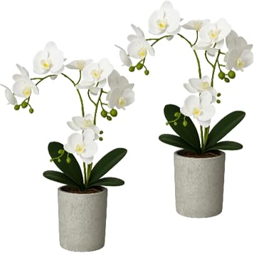 Suncalla 2 Pcs Fake Orchids Flowers in Pot 15.7" White Artificial Orchids