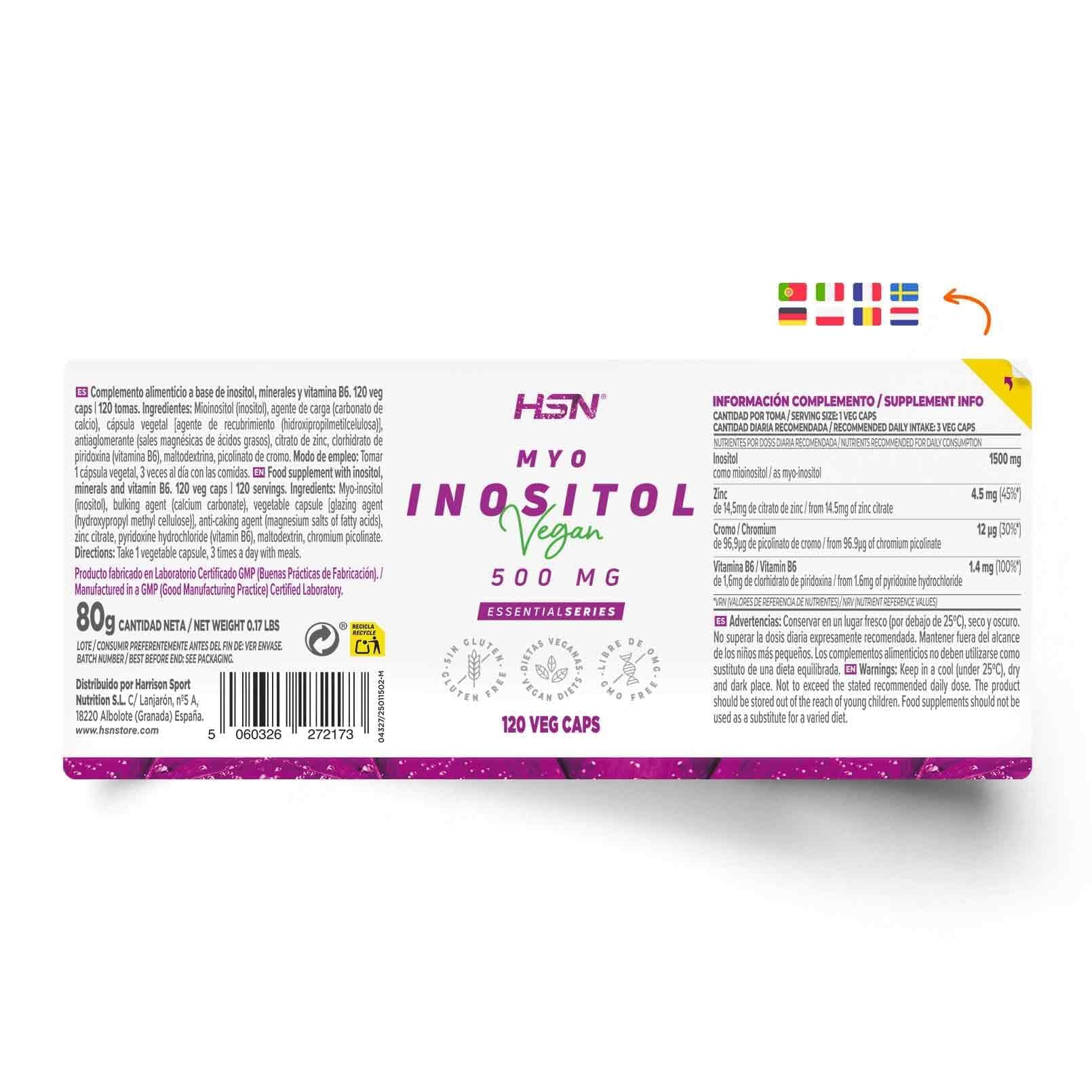 HSN Inositol 500mg (Myo-Inositol) | PACK 2x 120 Gélules Végétales + Pilulier Hebdomadaire | 1500 mg/jour de Myo-Inositol | Teneur Élevée en Zinc, Chrome, B6 | Sans OGM, Végan, Sans Gluten