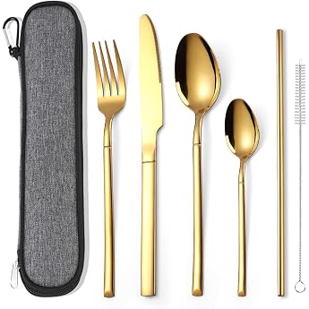 AARAINBOW Portable Cutlery Set for 1 Stainless Steel Knife Fork Spoon Set 6-Piece Cutlery Set with Bag for Travel Camping Work Dishwasher Safe Golden