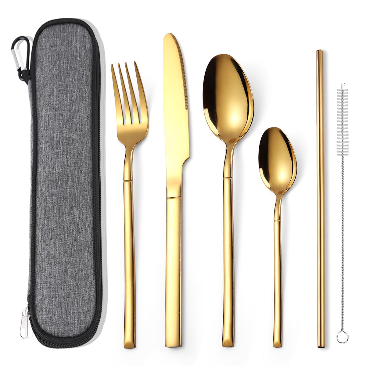 AARAINBOW Portable Cutlery Set for 1 Person, Stainless Steel Knife Fork Spoon Straw Set. 6-Piece Flatware Set with Bag, Suitable for Travel Camping Work, Dishwasher Safe, Gold