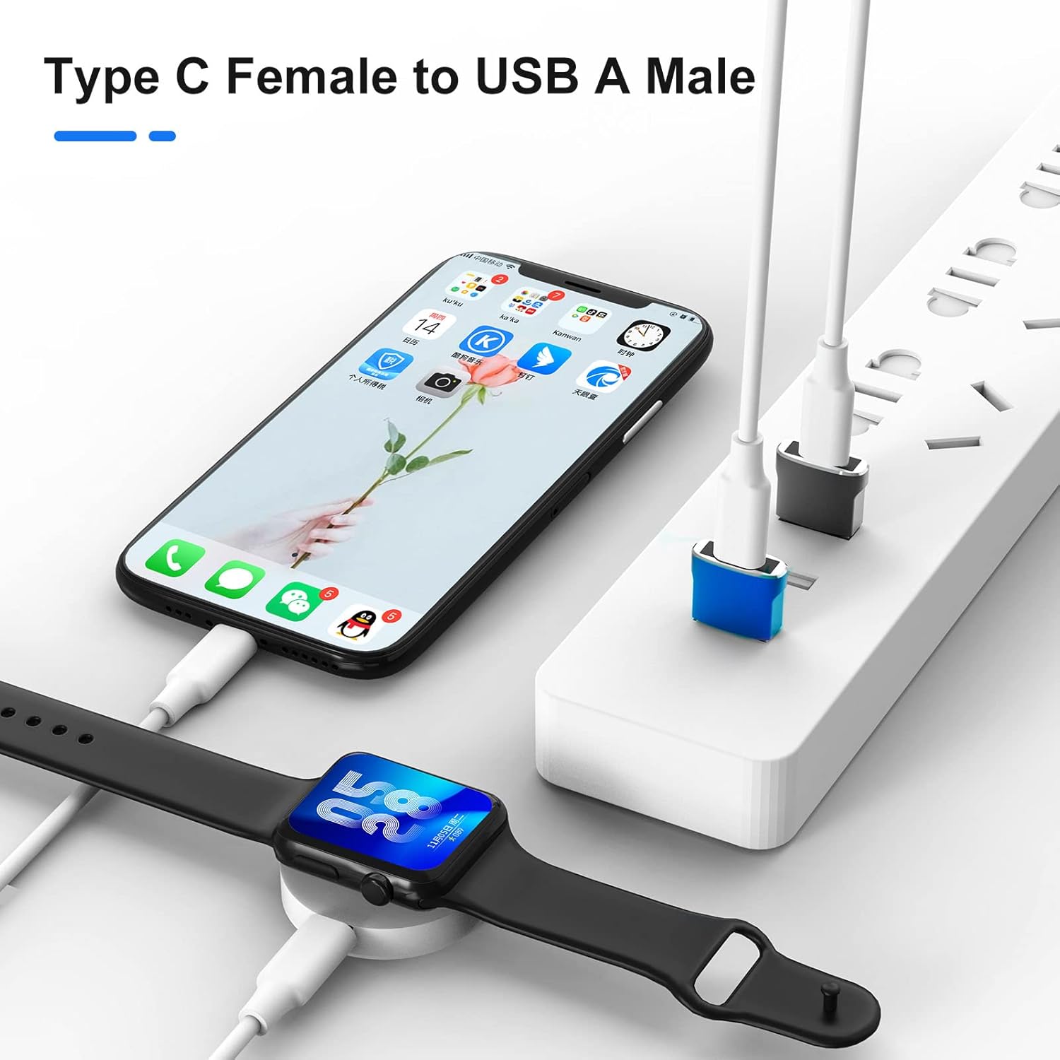 USB C Female to USB Male Adapter 4 Pack,Type A Charger Cable Power Converter for iPhone 11 12 13 Pro Max,Apple iWatch Watch Series 7 SE,AirPods iPad Air,Samsung Galaxy Note 10 20 S22 S21 S20 Plus