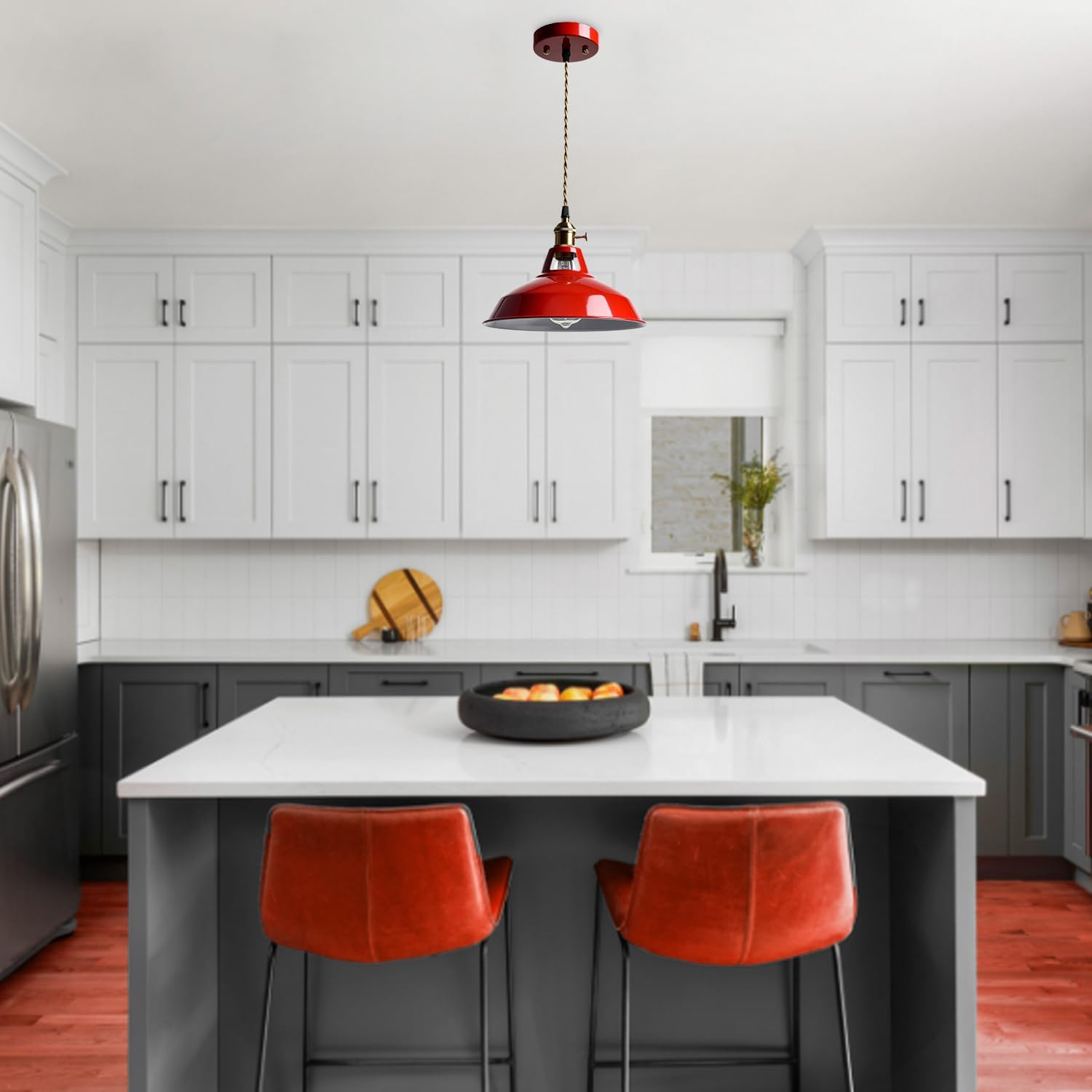 CLAXY Industrial Modern Pendant Light Kitchen Island Red Metal Barn Hanging Light Fixture Height Adjustable E26 Based Light for Kitchen, Loft, Dining, Foyer, Cafe, Bar