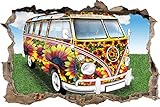 hochwertiger UV-Druck Pixxprint 3D_WD_S2001_62x42 Hippie Bus mit vielen Blumen Wanddurchbruch 3D Wandtattoo, Vinyl, bunt, 62 x 42 x 0,02 cm