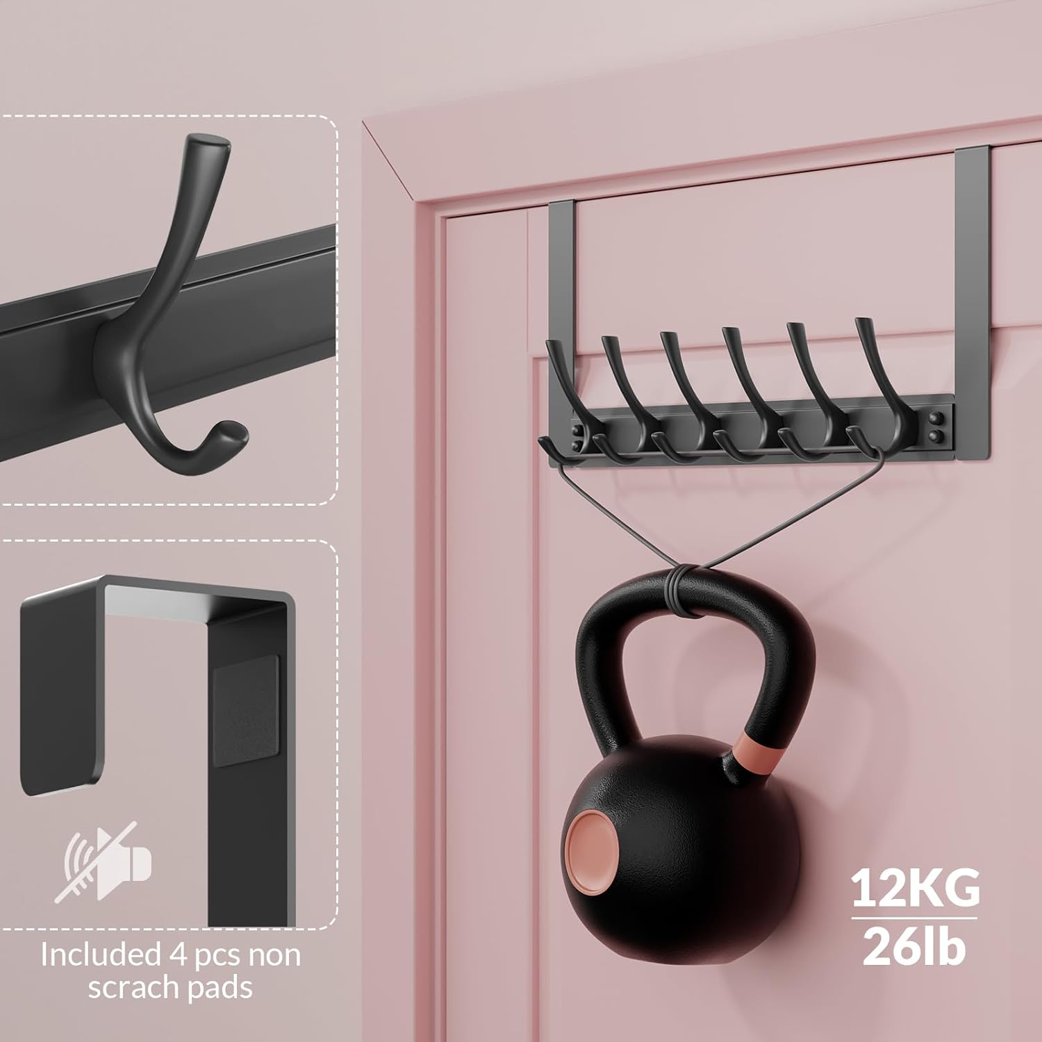 BAKON Over The Door Towel Rack with 6 Hooks, Heavy Duty Over Door Hooks for Hanging Clothes Coat Hat Jacket, Door Hanger Home Organizer for Bathroom Closet Bedroom Kitchen (1, Black)