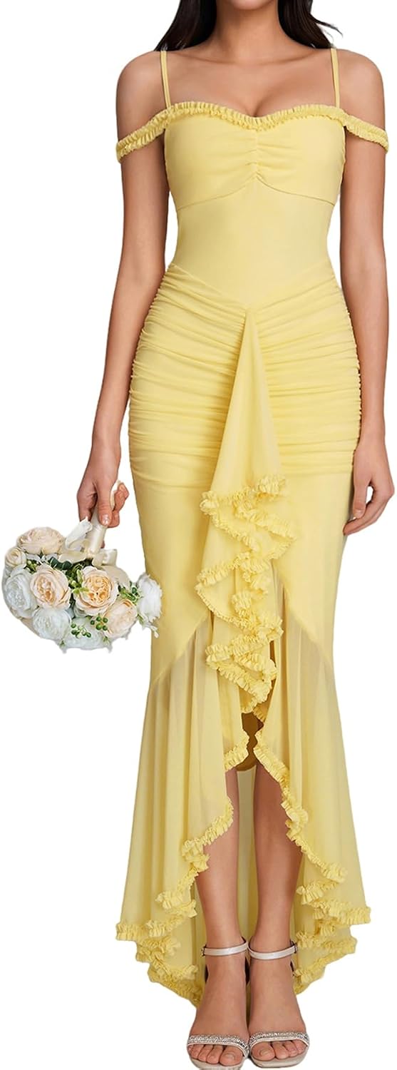 Colysmo Elegant Ruffle Bodycon Slit Long Formal Wedding Guest Maxi Dress | Premium Stretch Mesh, Ruched Dress, Cocktail Party, Elegant Prom, Bridesmaid