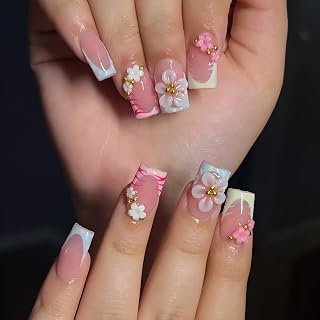 Short False Nails MouyouGlow, Square Dots French 3D Flowers Print on Nails
