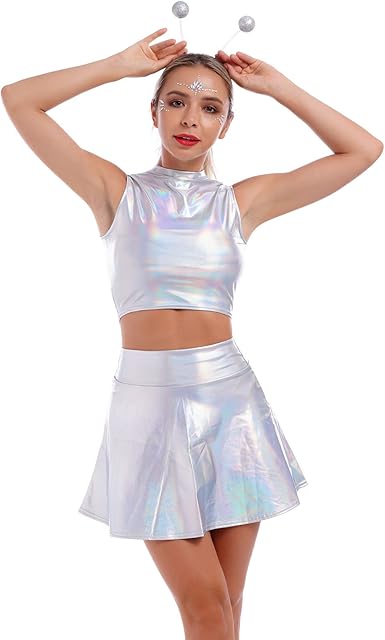 Amazon.com: Women's 3 Piece Shiny Rave Outfits Alien Costume Cami Crop ...