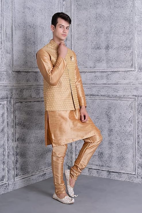 Image of Uri and MacKenzie Men's Silk Blend Kurta Churidar Pyjama with Stylish Nehru Jacket