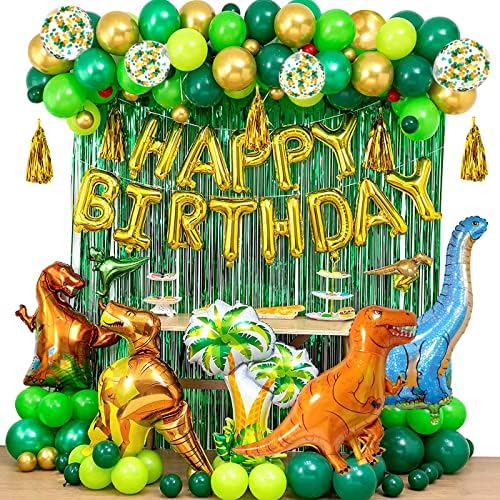 YinQin 143 PCS Dinosaur Birthday Party Decorations with Balloon Pump, Ribbon Dot Glue Jungle Green Birthday Decorations Dinosaur Birthday Party Supplies Dino Birthday Decorations for Boys (Green)