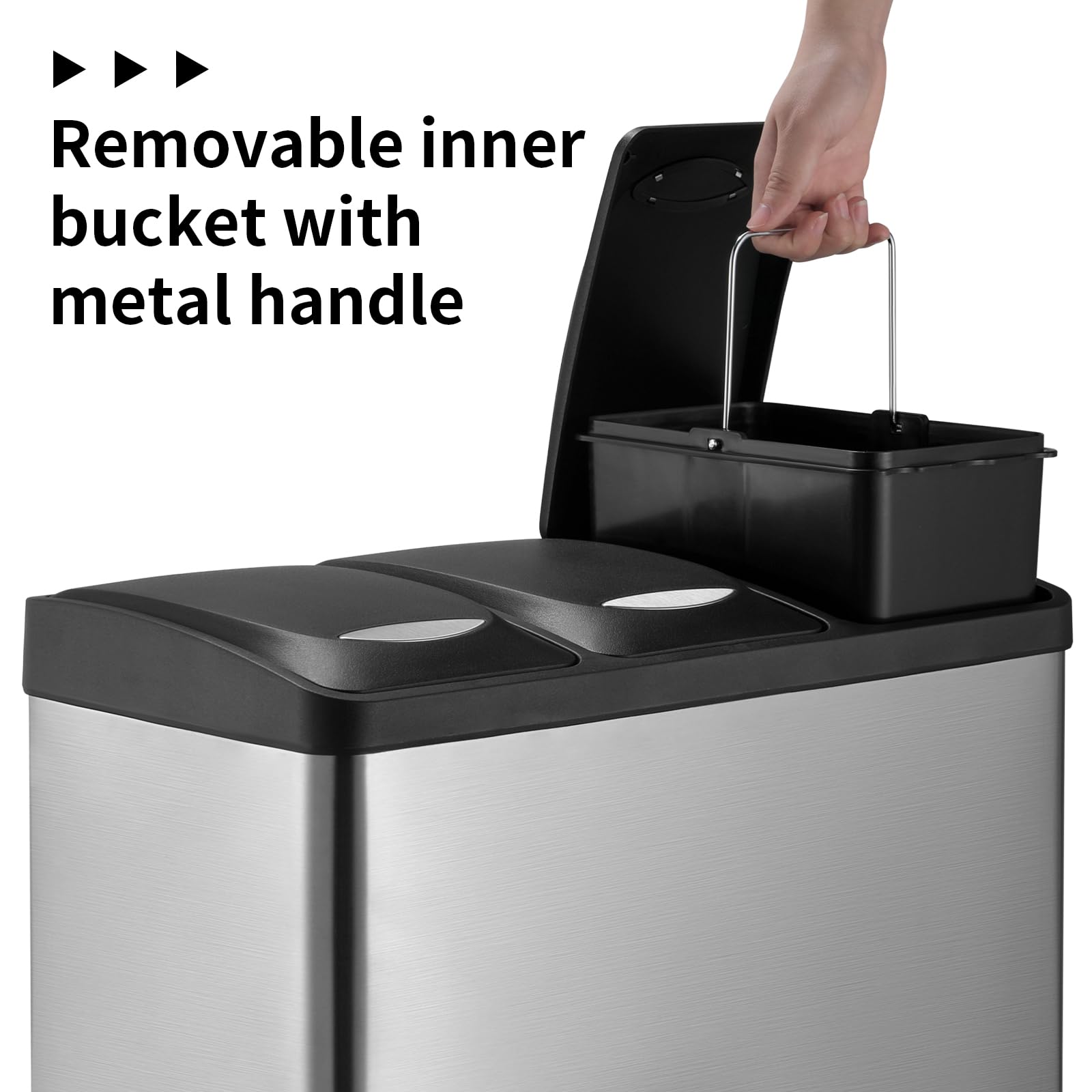 LIFERUN Mülleimer 3 Fächer, 3x 8L Mülltrennsystem, 24 Liter Abfalleimer Küche, Kleiner Treteimer aus Edelstahl mit Deckel, 3 pcs Abnehmbarer Inneneimer, Tretmülleimer für Single-Wohnung, Silber
