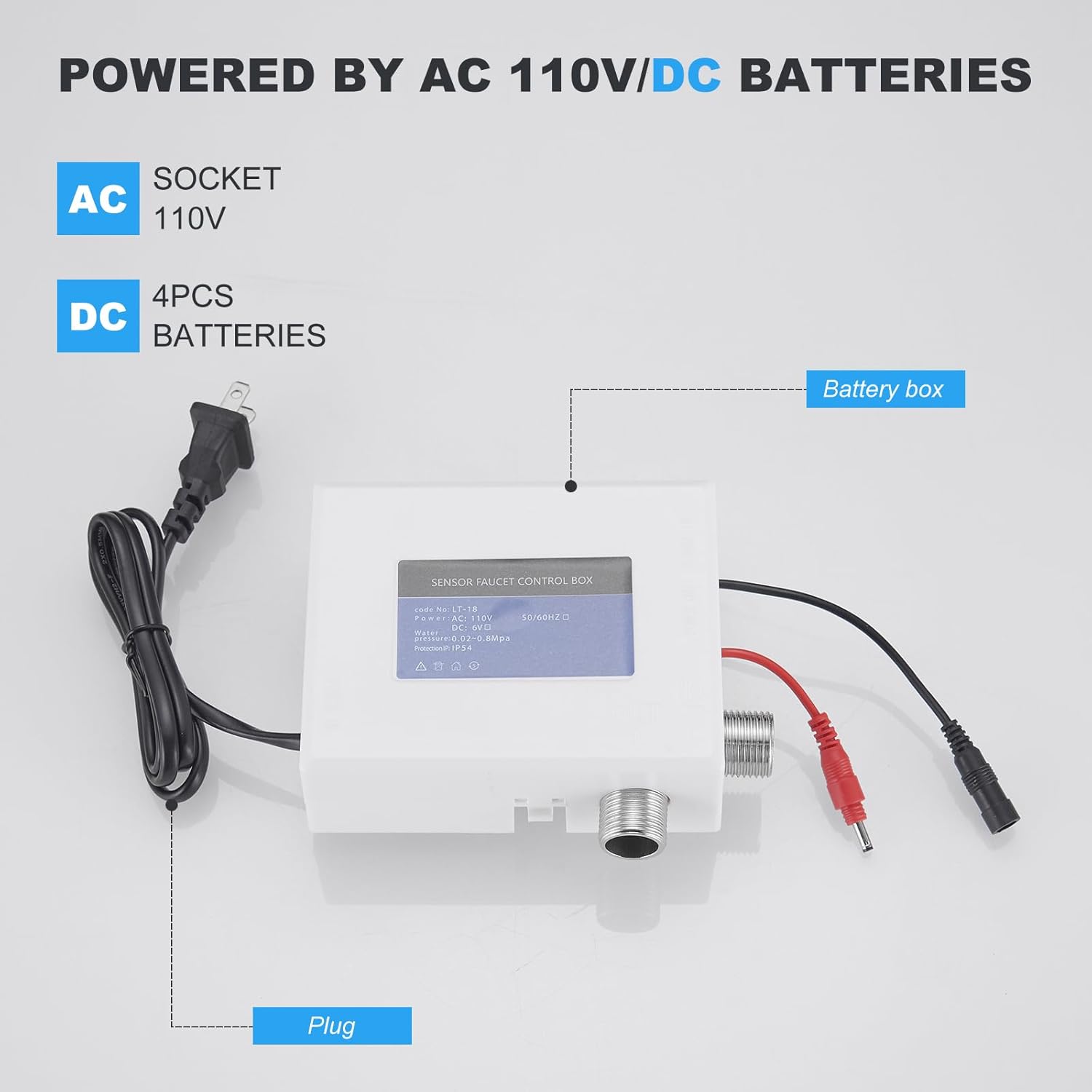 BWE Touchless Bathroom Sink Faucet, Black Automatic Motion Sensor Faucet,Hand-Free Electric Smart Commercial Sink Faucet,with Hole Cover Plate and Control Box,Battery or Plug-in Powered