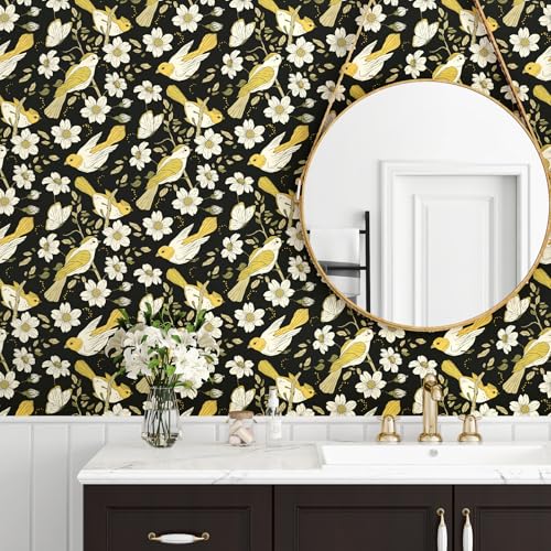 Mangoloo Vintage Black Floral Peel and Stick Wallpaper Beige Bird Flower Wallpaper 17.5"x102" Adhesive Removable Birds Wall Mural Black Wall Paper Floral Contact Paper for Cabinets Farmhouse Bedroom by Mangoloo - Image 3