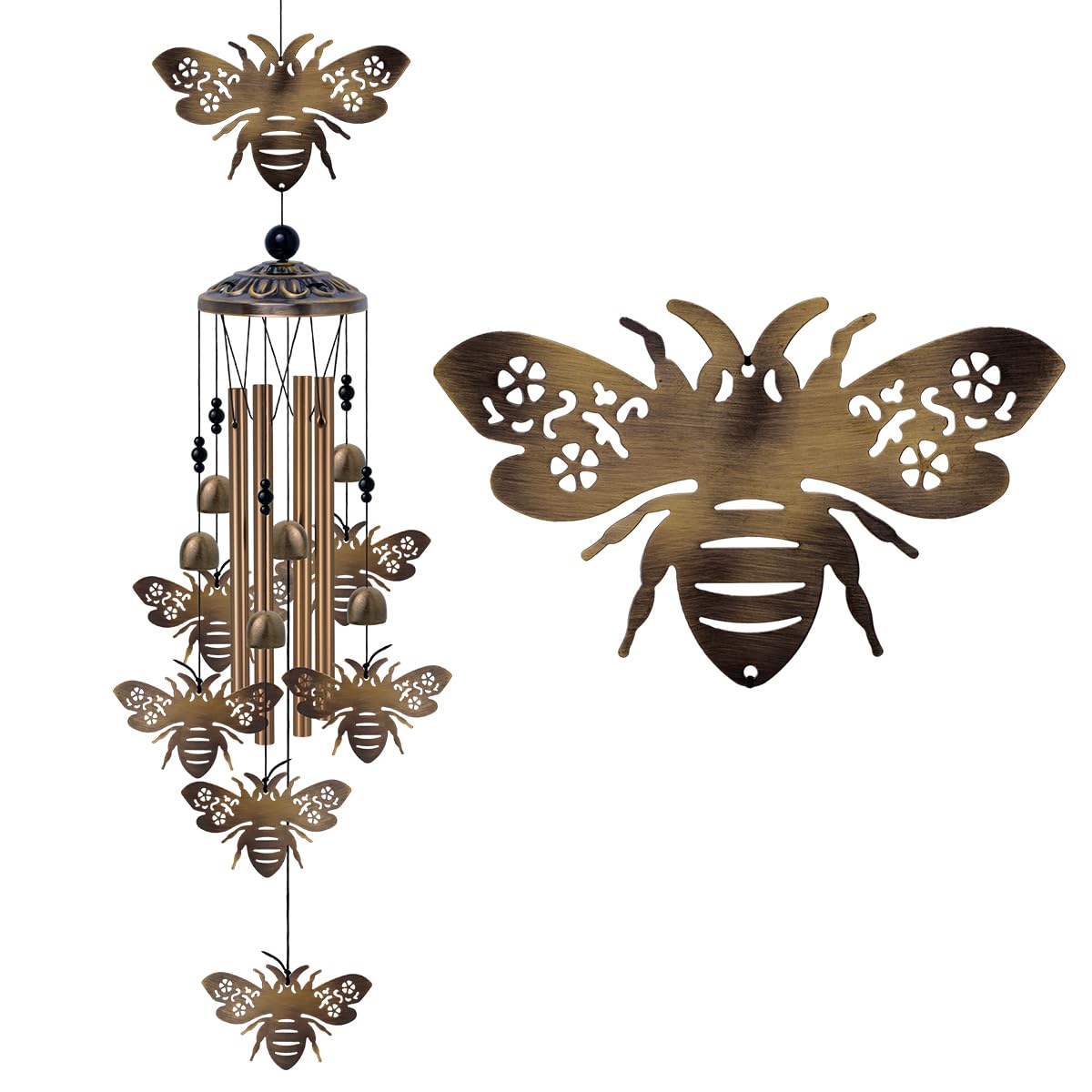 Outdoor Bees Wind Chimes Gifts for Mom - Bronze Memorial Wind Bells, Mobile Sympathy Wind Catcher, Romantic Bee Decor, 7 Bees Windchimes for Home,